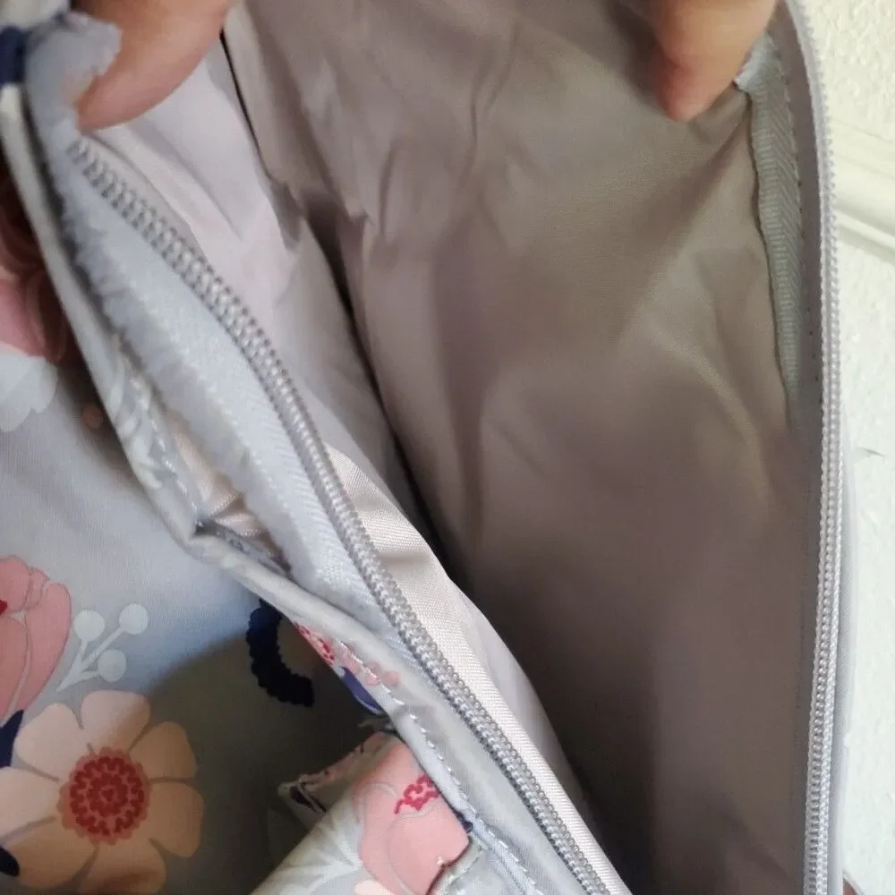 JuJuBe Be Right Back Multi-Function Diaper Backpack Floral Gray Multi Zip Pocket